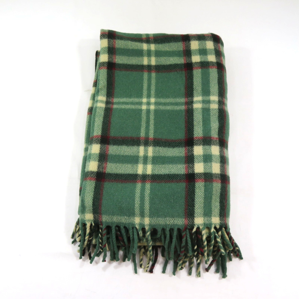 Original Santafe Wool Plaid Blanket Green White Red 96x64 8'x5' Santa Fe Vintage